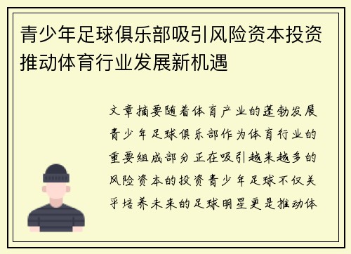 青少年足球俱乐部吸引风险资本投资推动体育行业发展新机遇