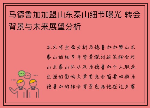 马德鲁加加盟山东泰山细节曝光 转会背景与未来展望分析
